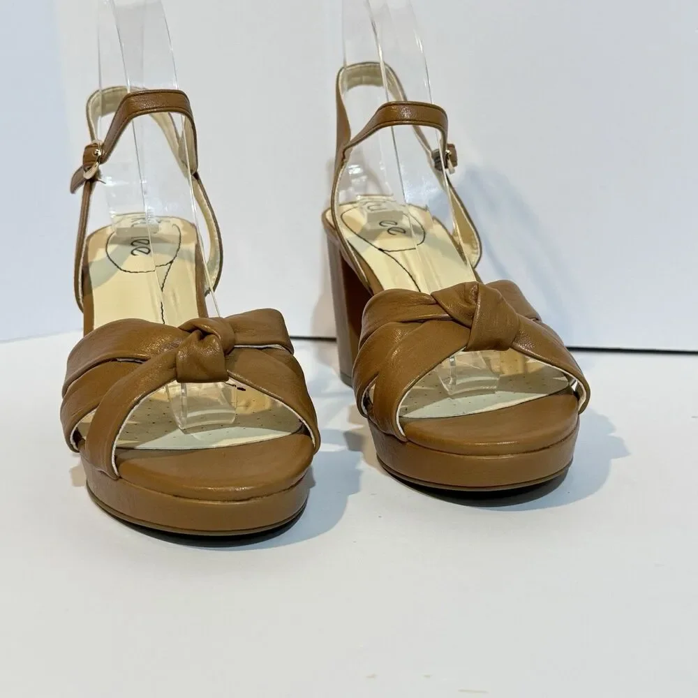 Ruiee Women's Platform Heels Chunky Sandals Ankle Strappy Brown Size 9.5 New